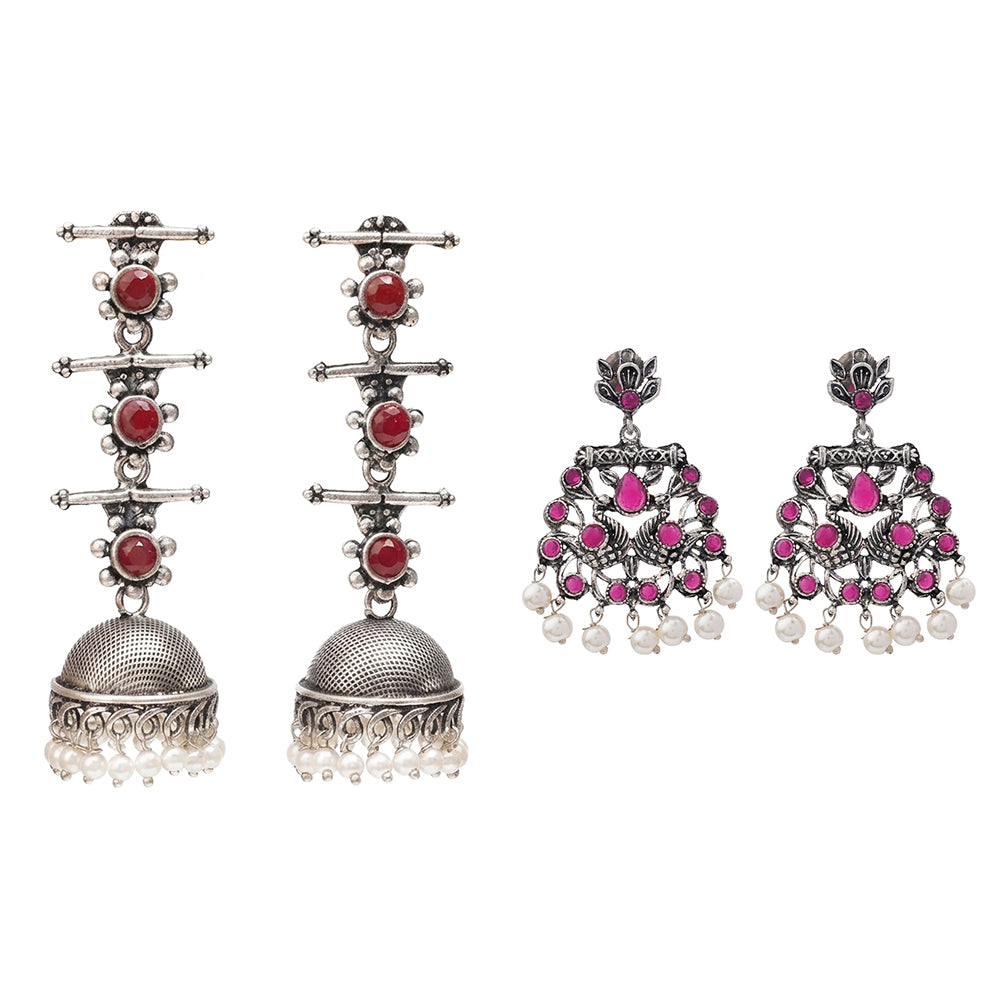 Royal Triple Bell Layered Jhumka Earring (Dark Maroon) Peacock glow stone studded dangler earrings (Red) Combo set