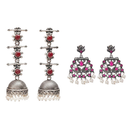 Royal Triple Bell Layered Jhumka Earring (Dark Maroon) Peacock glow stone studded dangler earrings (Red) Combo set