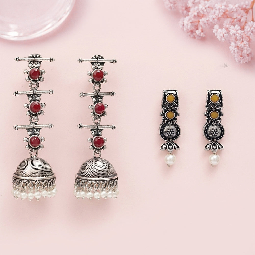 Royal Triple Bell Layered Jhumka Earring (Dark Maroon) Wonderful wildflower oxidised stud earrings (Yellow) Combo set