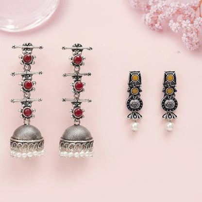 Royal Triple Bell Layered Jhumka Earring (Dark Maroon) Wonderful wildflower oxidised stud earrings (Yellow) Combo set