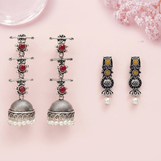 Royal Triple Bell Layered Jhumka Earring (Dark Maroon) Wonderful wildflower oxidised stud earrings (Yellow) Combo set