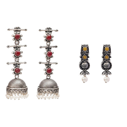 Royal Triple Bell Layered Jhumka Earring (Dark Maroon) Wonderful wildflower oxidised stud earrings (Yellow) Combo set