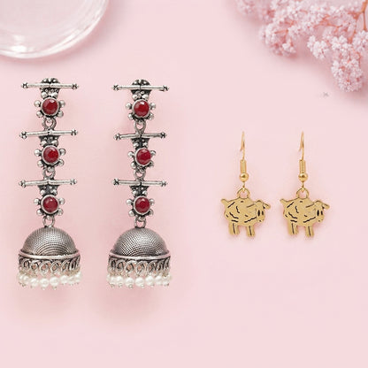 Royal Triple Bell Layered Jhumka Earring (Dark Maroon) Ba Ba dangler earrings Combo set