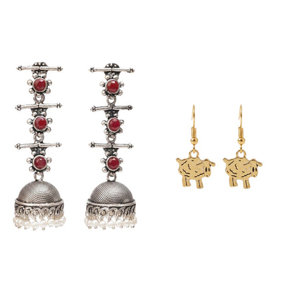 Royal Triple Bell Layered Jhumka Earring (Dark Maroon) Ba Ba dangler earrings Combo set