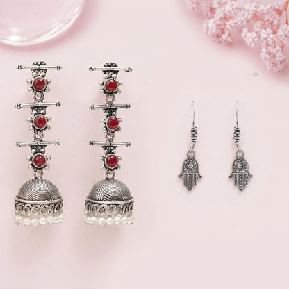 Royal Triple Bell Layered Jhumka Earring (Dark Maroon) Evil Eye guard dangler earrings (Silver) Combo set