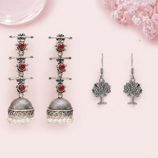 Royal Triple Bell Layered Jhumka Earring (Dark Maroon) Roots of elegance dangler earrings (Silver) Combo set