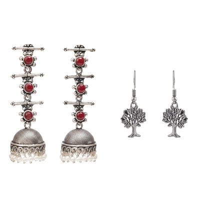 Royal Triple Bell Layered Jhumka Earring (Dark Maroon) Roots of elegance dangler earrings (Silver) Combo set