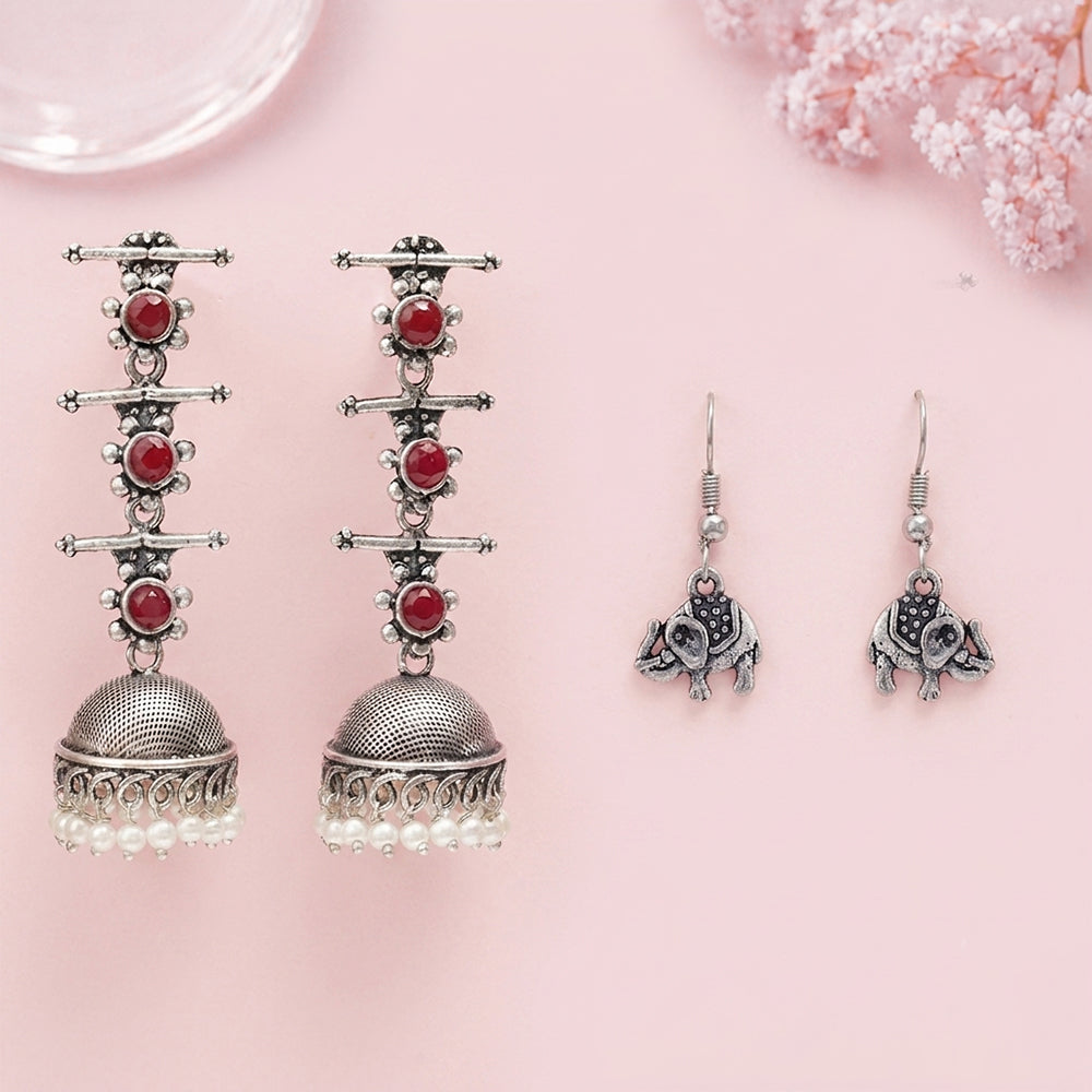Royal Triple Bell Layered Jhumka Earring (Dark Maroon) Trunk Tales dangler earrings (Silver) Combo set