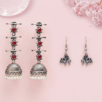 Royal Triple Bell Layered Jhumka Earring (Dark Maroon) Trunk Tales dangler earrings (Silver) Combo set