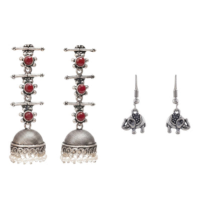 Royal Triple Bell Layered Jhumka Earring (Dark Maroon) Trunk Tales dangler earrings (Silver) Combo set