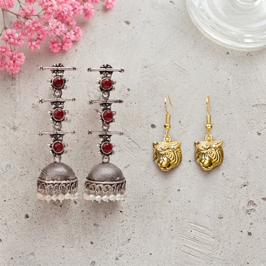 Royal Triple Bell Layered Jhumka Earring (Dark Maroon) fiercely flawless dangler earrings Combo set
