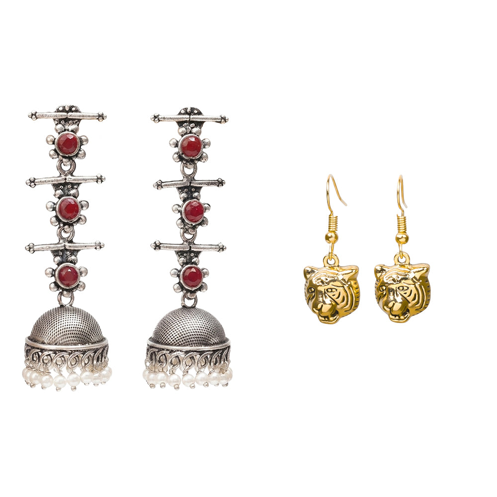 Royal Triple Bell Layered Jhumka Earring (Dark Maroon) fiercely flawless dangler earrings Combo set