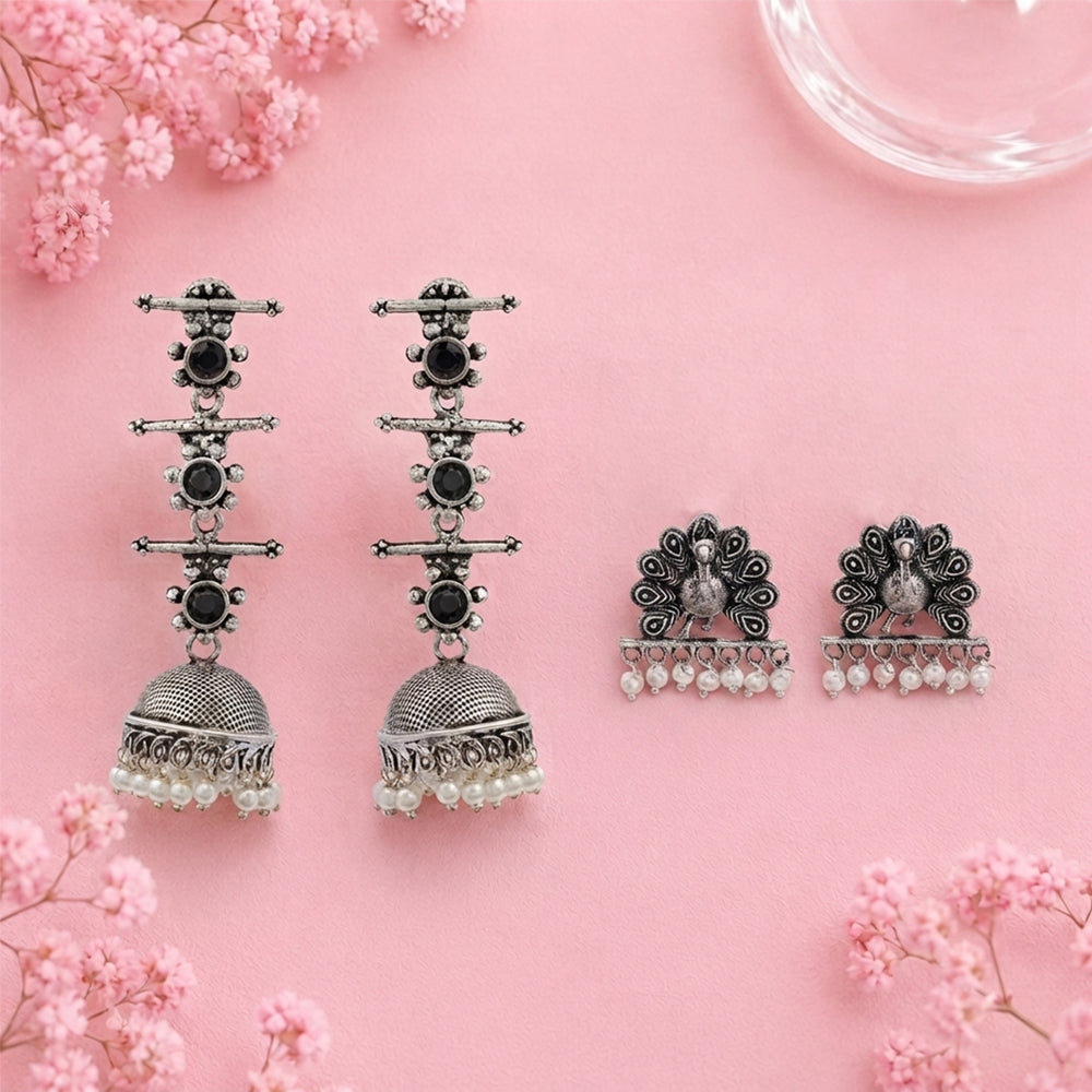 Royal Triple Bell Layered Jhumka Earring (Dark Maroon) Meena Manjari stone stud earrings (Silver) Combo set