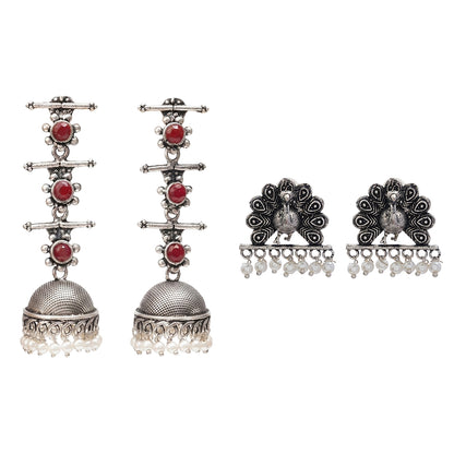 Royal Triple Bell Layered Jhumka Earring (Dark Maroon) Meena Manjari stone stud earrings (Silver) Combo set