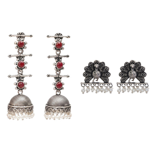 Royal Triple Bell Layered Jhumka Earring (Dark Maroon) Meena Manjari stone stud earrings (Silver) Combo set