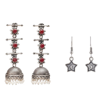 Royal Triple Bell Layered Jhumka Earring (Dark Maroon) You're a star dangler earrings (Silver) Combo set