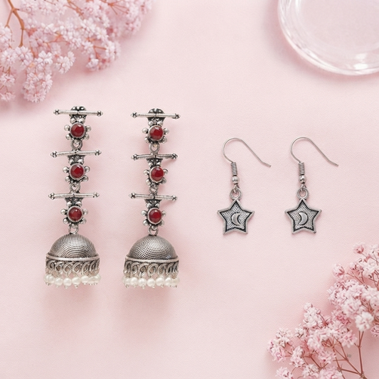 Royal Triple Bell Layered Jhumka Earring (Dark Maroon) You're a star dangler earrings (Silver) Combo set