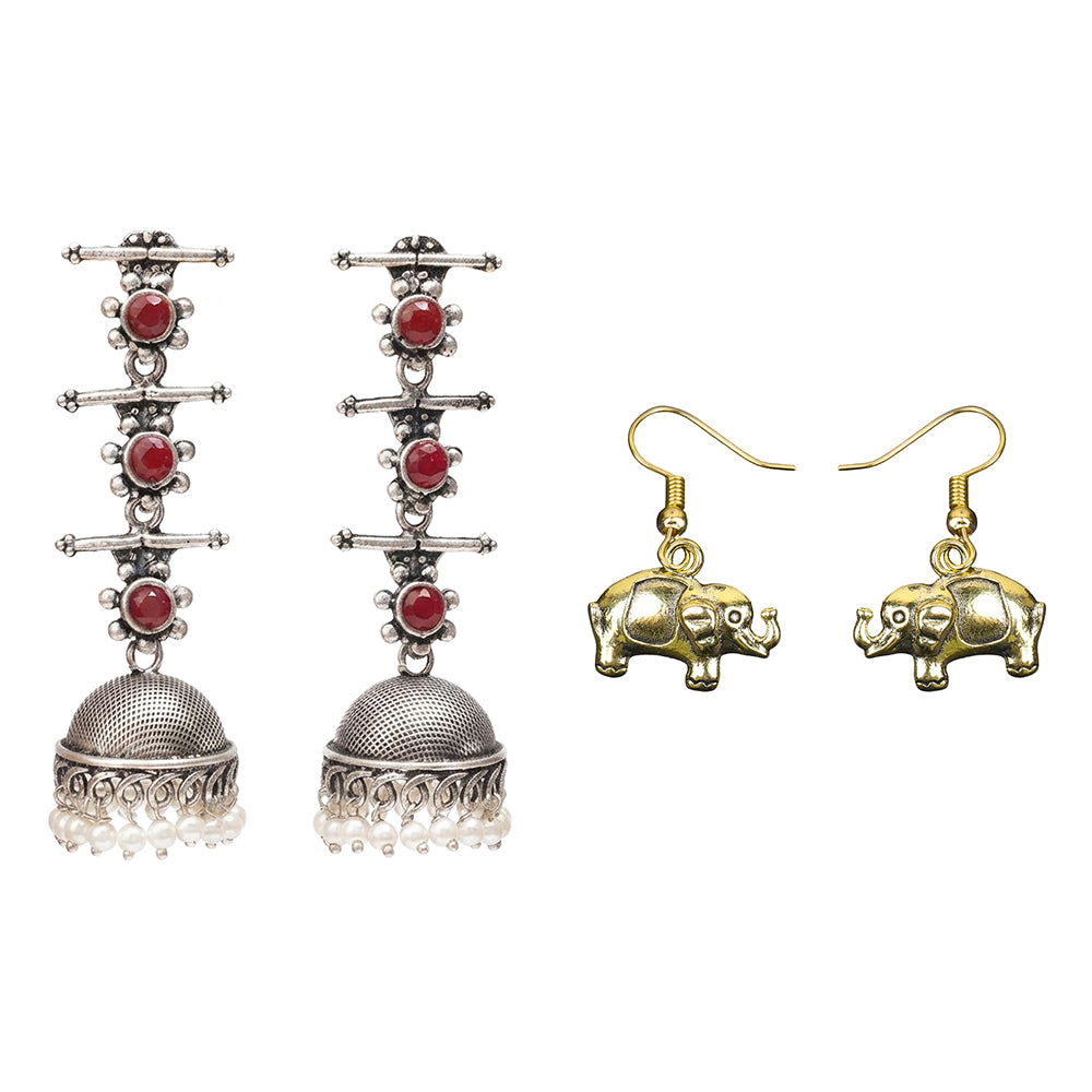 Royal Triple Bell Layered Jhumka Earring (Dark Maroon) Eleglam dangler earrings Combo set