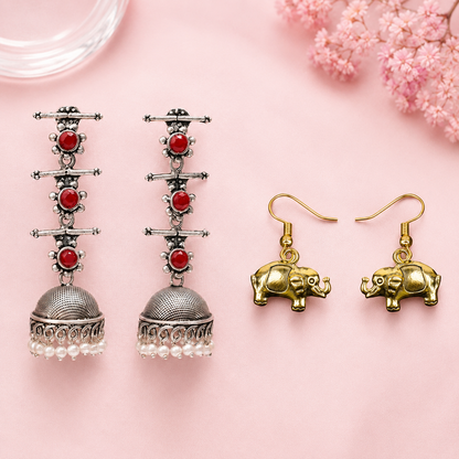 Royal Triple Bell Layered Jhumka Earring (Dark Maroon) Eleglam dangler earrings Combo set