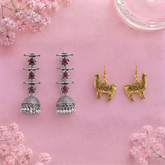 Royal Triple Bell Layered Jhumka Earring (Dark Maroon) Lama Drama dangler earrings Combo set