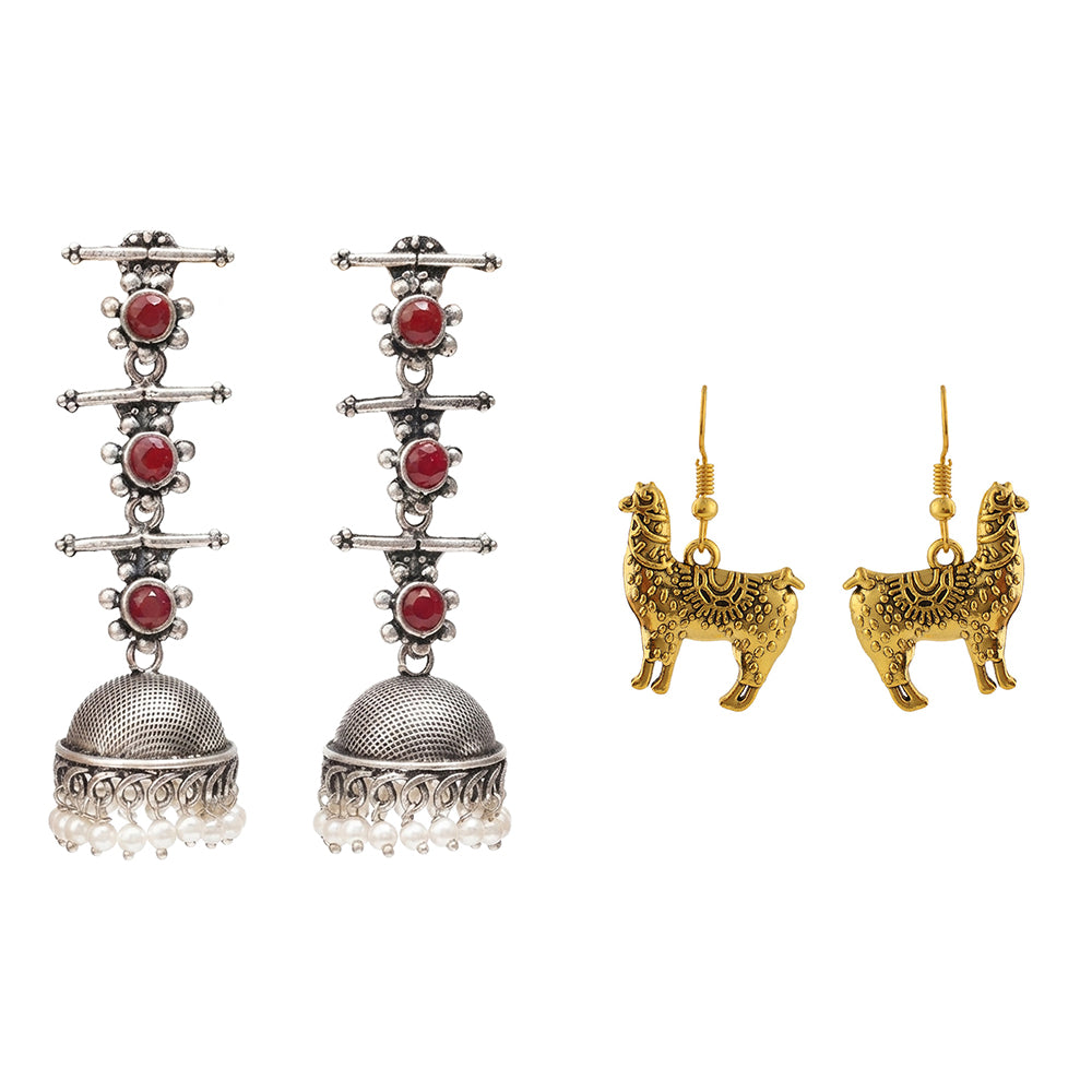 Royal Triple Bell Layered Jhumka Earring (Dark Maroon) Lama Drama dangler earrings Combo set