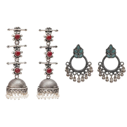 Royal Triple Bell Layered Jhumka Earring (Dark Maroon) Fine Shine stud earrings (Mint) Combo set