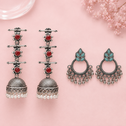 Royal Triple Bell Layered Jhumka Earring (Dark Maroon) Fine Shine stud earrings (Mint) Combo set