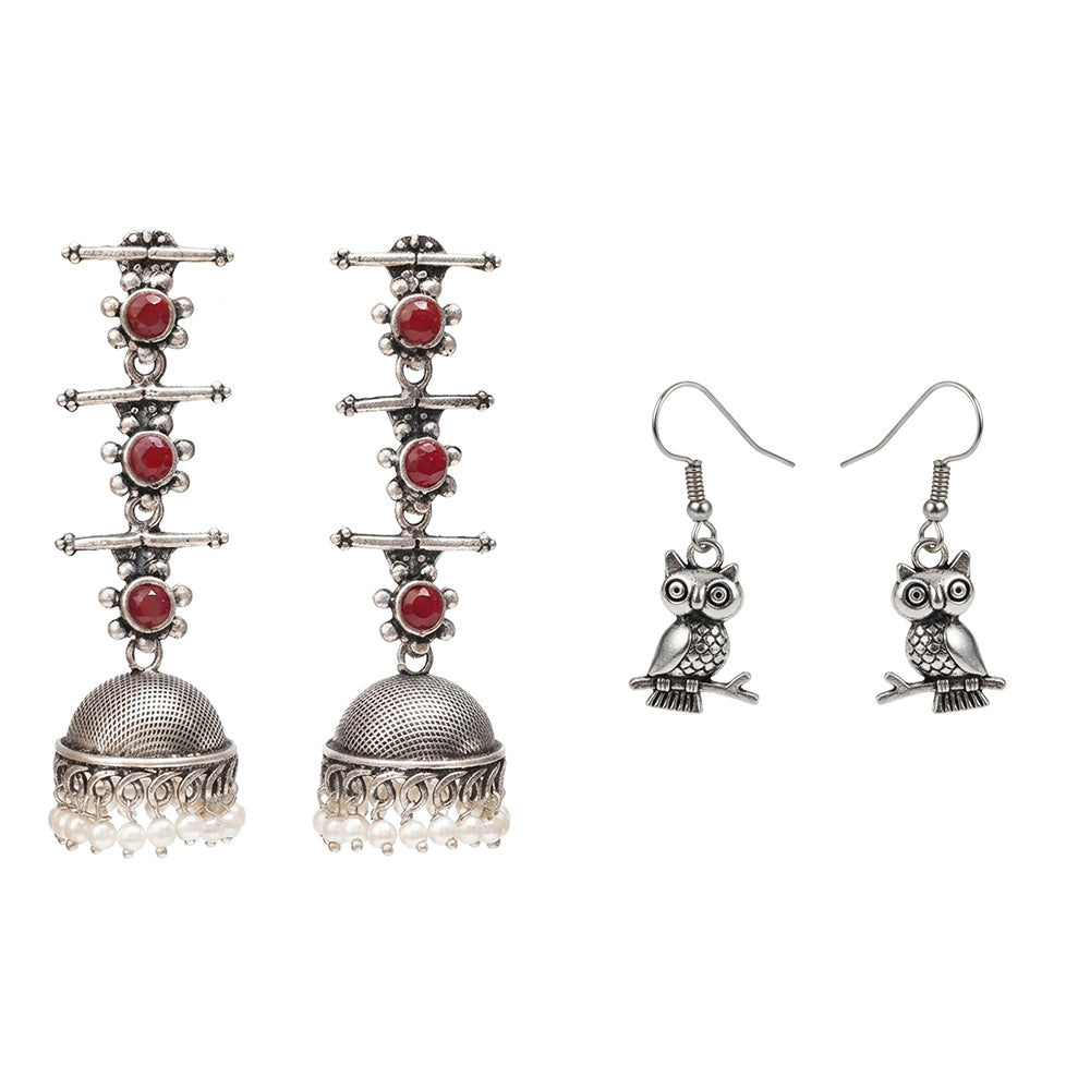 Royal Triple Bell Layered Jhumka Earring (Dark Maroon) Wise Wink dangler earrings (Silver) Combo set