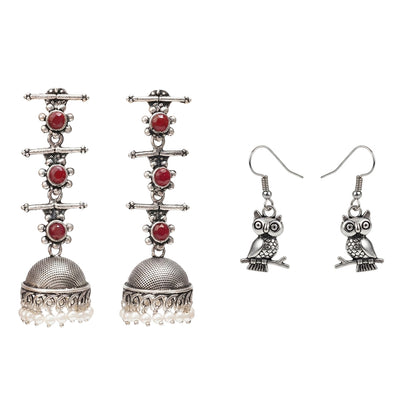 Royal Triple Bell Layered Jhumka Earring (Dark Maroon) Wise Wink dangler earrings (Silver) Combo set