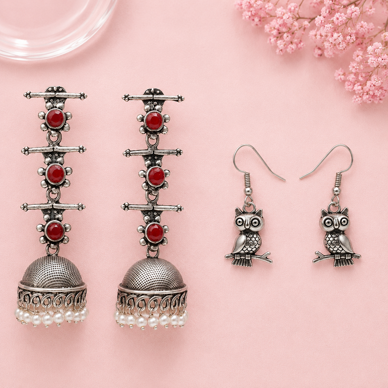 Royal Triple Bell Layered Jhumka Earring (Dark Maroon) Wise Wink dangler earrings (Silver) Combo set