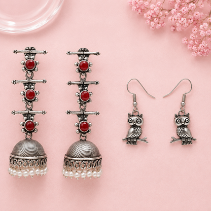 Royal Triple Bell Layered Jhumka Earring (Dark Maroon) Wise Wink dangler earrings (Silver) Combo set