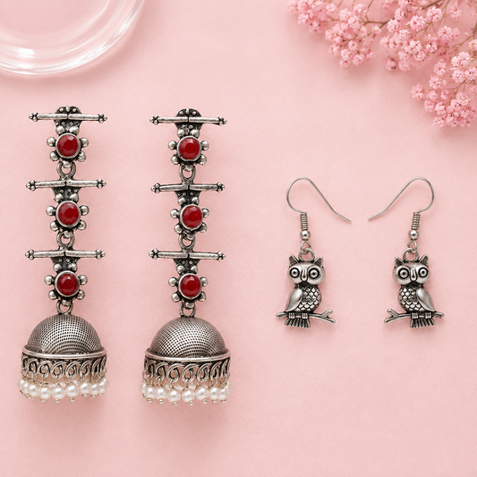 Royal Triple Bell Layered Jhumka Earring (Dark Maroon) Wise Wink dangler earrings (Silver) Combo set