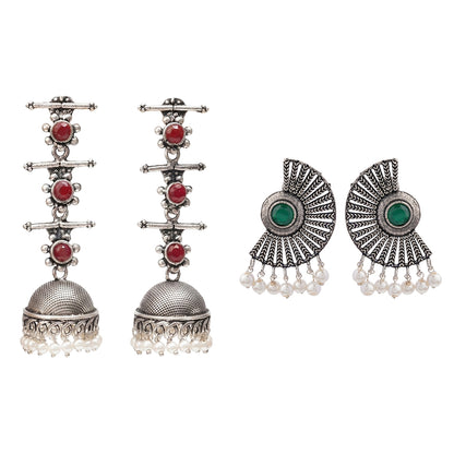 Royal Triple Bell Layered Jhumka Earring (Dark Maroon) Bloom Arc pearl stud earring (Green) Combo set