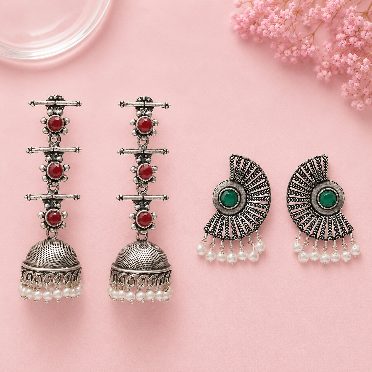 Royal Triple Bell Layered Jhumka Earring (Dark Maroon) Bloom Arc pearl stud earring (Green) Combo set