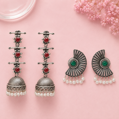 Royal Triple Bell Layered Jhumka Earring (Dark Maroon) Bloom Arc pearl stud earring (Green) Combo set