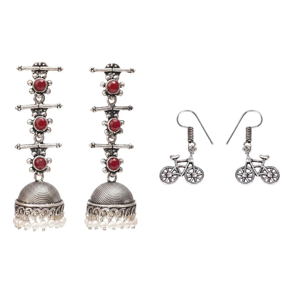 Royal Triple Bell Layered Jhumka Earring (Dark Maroon) Cycle Charm Dangler earrings (Silver) Combo set