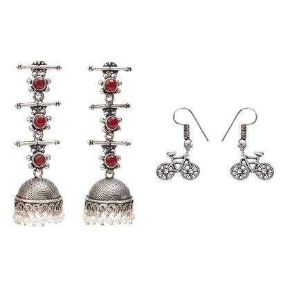 Royal Triple Bell Layered Jhumka Earring (Dark Maroon) Cycle Charm Dangler earrings (Silver) Combo set
