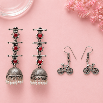 Royal Triple Bell Layered Jhumka Earring (Dark Maroon) Cycle Charm Dangler earrings (Silver) Combo set