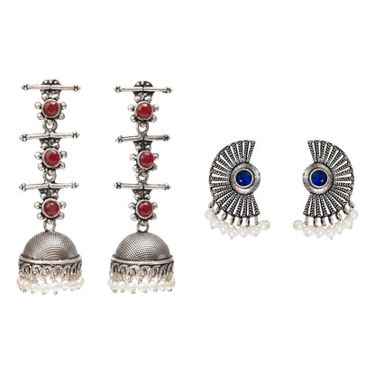 Royal Triple Bell Layered Jhumka Earring (Dark Maroon) Bloom Arc pearl stud earring (Blue) Combo set