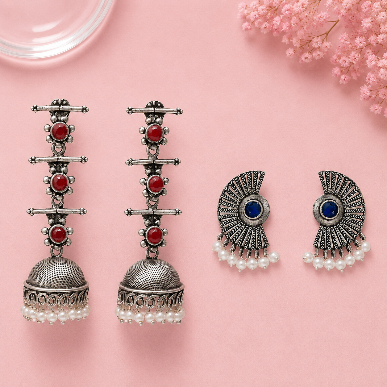 Royal Triple Bell Layered Jhumka Earring (Dark Maroon) Bloom Arc pearl stud earring (Blue) Combo set