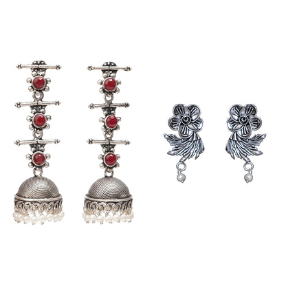 Royal Triple Bell Layered Jhumka Earring (Dark Maroon) Floral Swirl stud earrings (Silver) Combo set