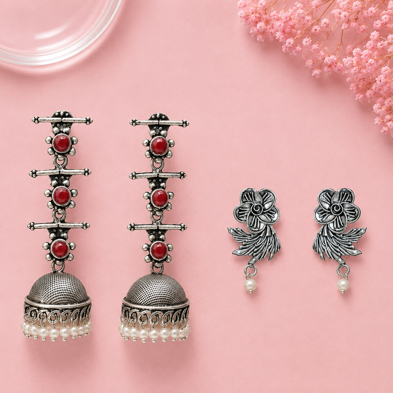 Royal Triple Bell Layered Jhumka Earring (Dark Maroon) Floral Swirl stud earrings (Silver) Combo set