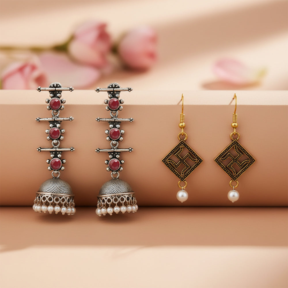 Royal Triple Bell Layered Jhumka Earring (Dark Maroon) Swastik shaped dangler earrings Combo set