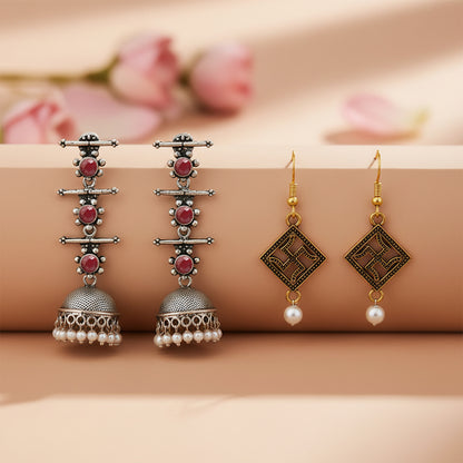 Royal Triple Bell Layered Jhumka Earring (Dark Maroon) Swastik shaped dangler earrings Combo set