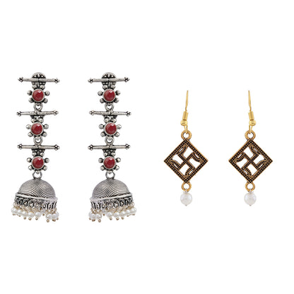 Royal Triple Bell Layered Jhumka Earring (Dark Maroon) Swastik shaped dangler earrings Combo set