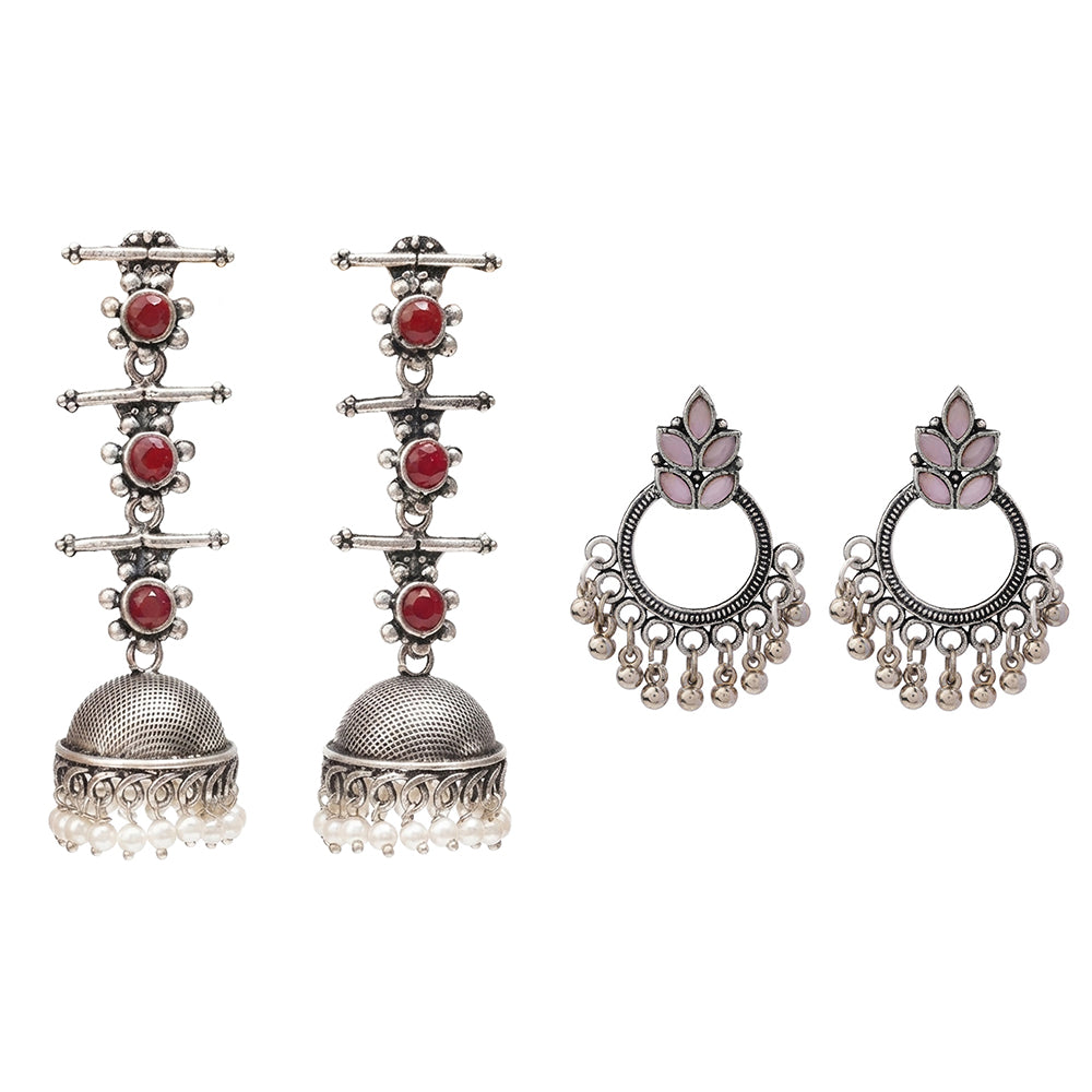 Royal Triple Bell Layered Jhumka Earring (Dark Maroon) Fine Shine stud earrings (Baby Pink) Combo set