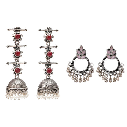 Royal Triple Bell Layered Jhumka Earring (Dark Maroon) Fine Shine stud earrings (Baby Pink) Combo set