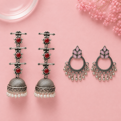 Royal Triple Bell Layered Jhumka Earring (Dark Maroon) Fine Shine stud earrings (Baby Pink) Combo set