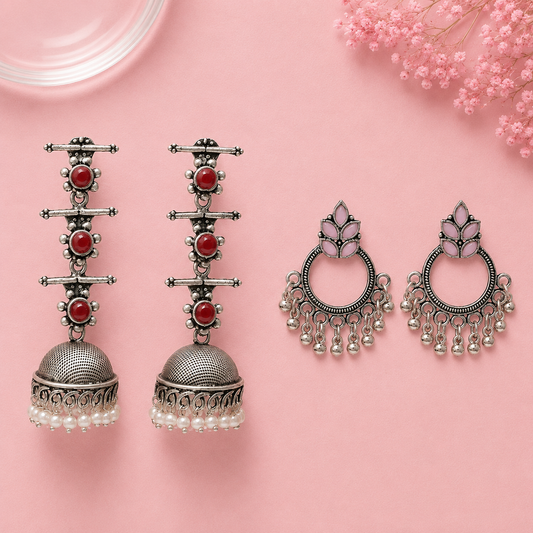 Royal Triple Bell Layered Jhumka Earring (Dark Maroon) Fine Shine stud earrings (Baby Pink) Combo set