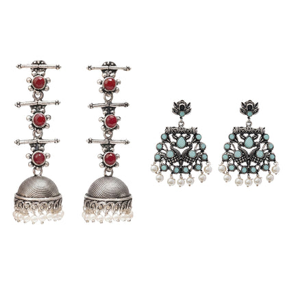 Royal Triple Bell Layered Jhumka Earring (Dark Maroon) Peacock glow stone studded dangler earrings (Mint) Combo set